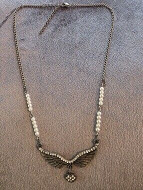 Gothic Angel Wings Pearl Rhinestone Heart Pendant Necklace Antique Silver Y2K